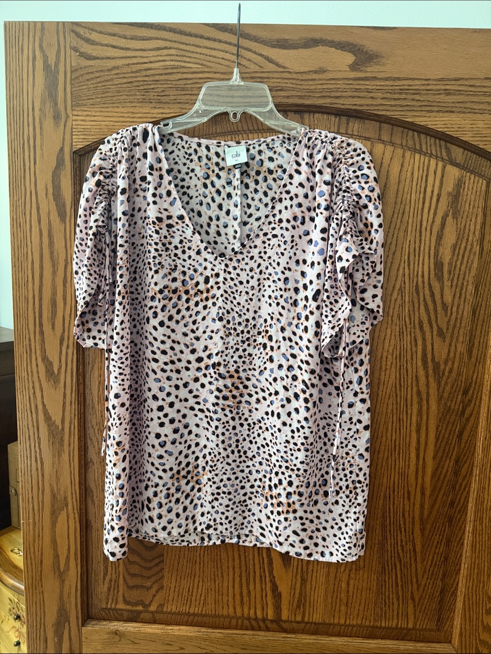 CAbi Light Pink Spotted V-Neck Puff Sleeve Blouse